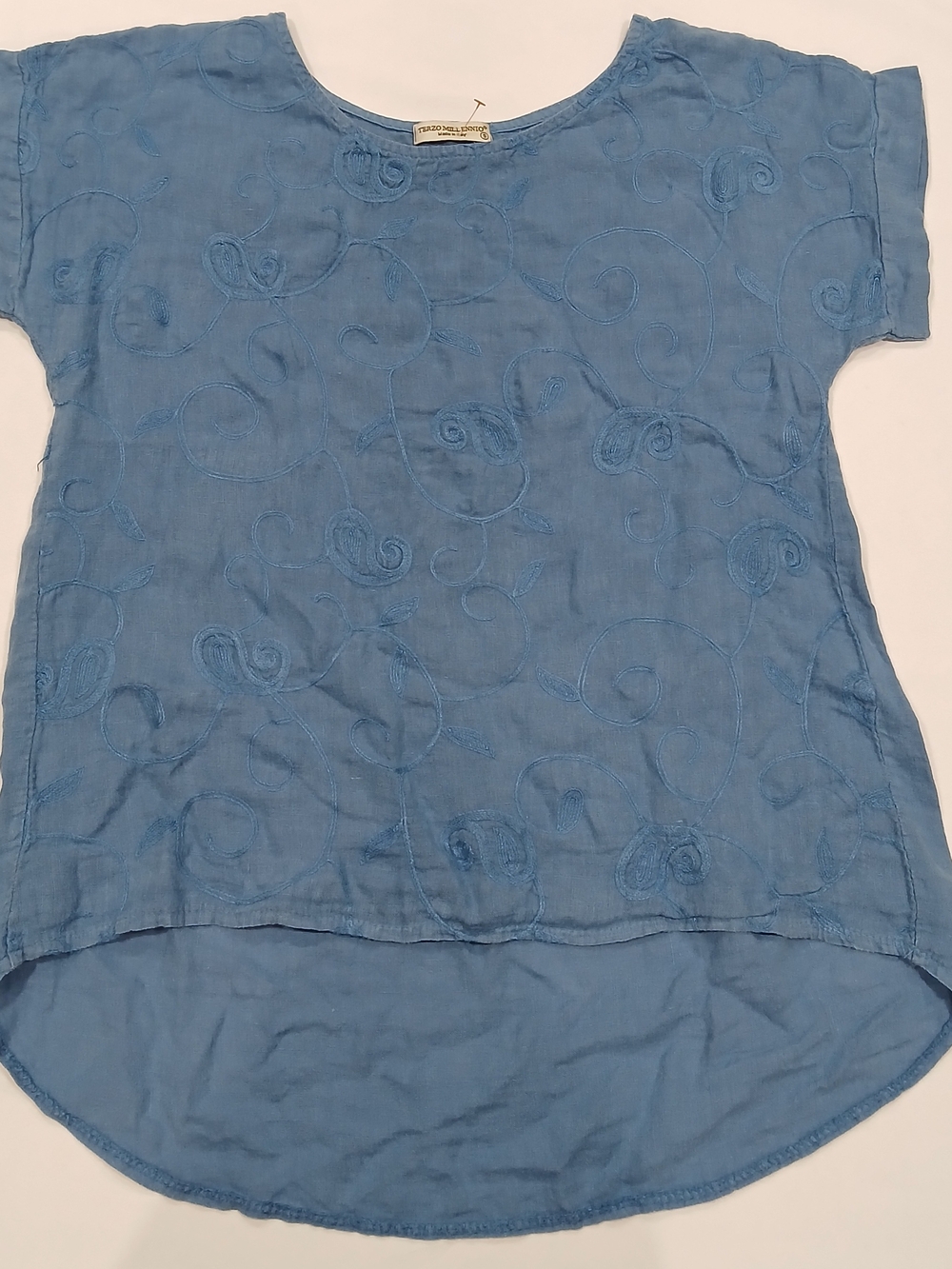 Terzo Millennio 100% Linen Top Small Blue Embroidered Tunic Hi-Lo Hem Made Italy